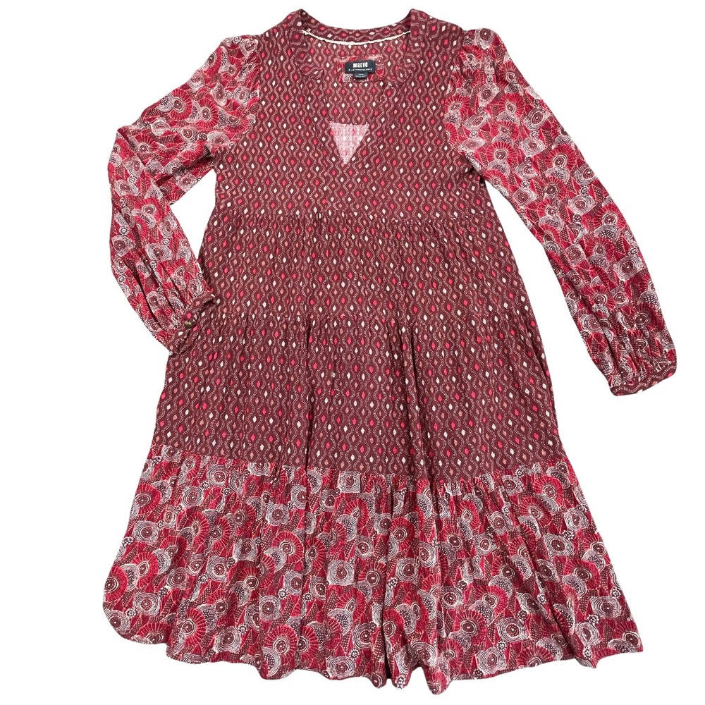 Maeve by Anthropologie Amber Tiered Tunic Dress Medium Burgundy Boho Mixed Print